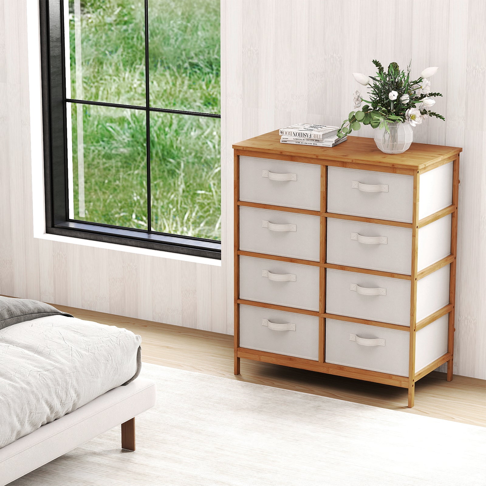 Bamboo Storage Tower with Foldable Fabric Drawers and Top Shelf-Beige