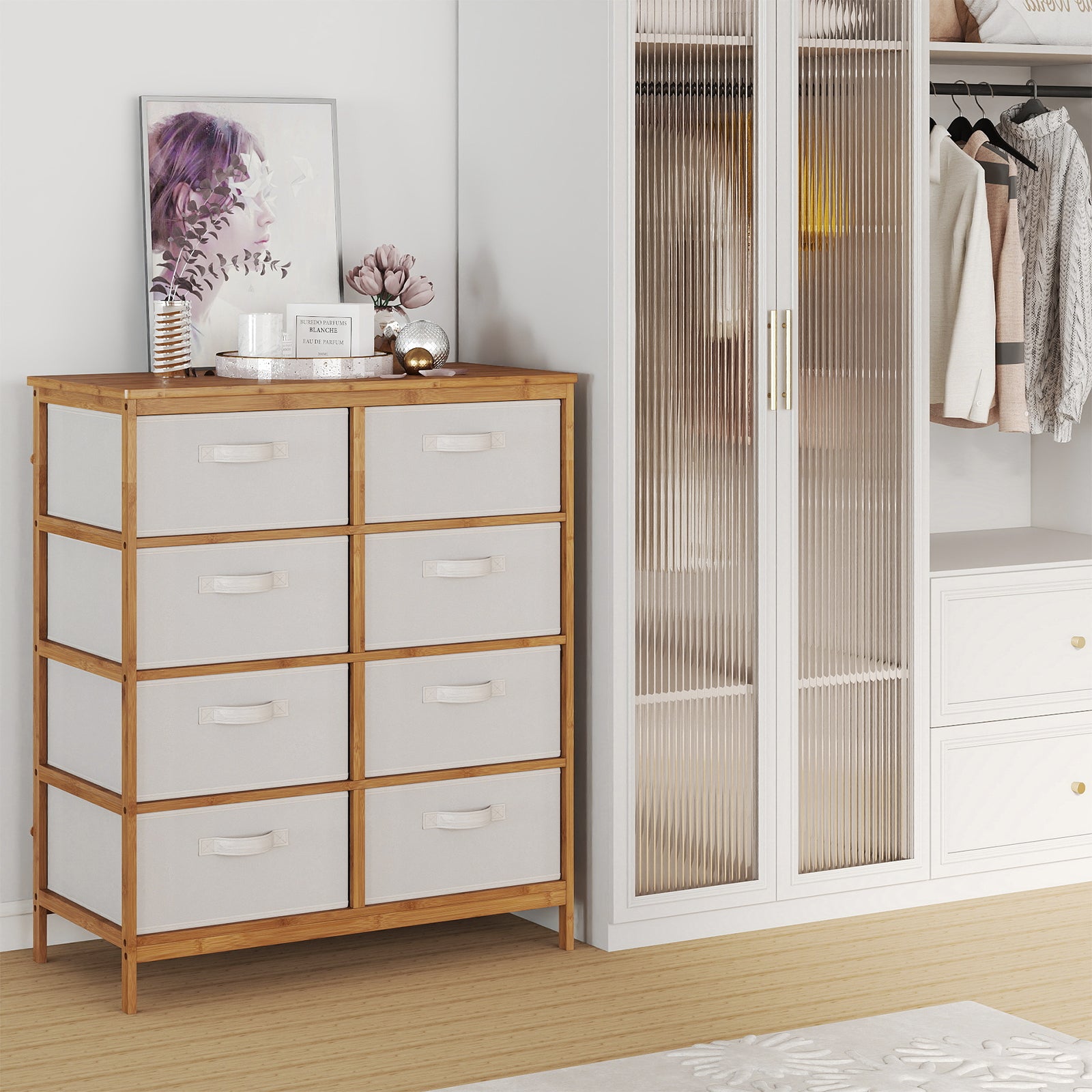 Bamboo Storage Tower with Foldable Fabric Drawers and Top Shelf-Beige