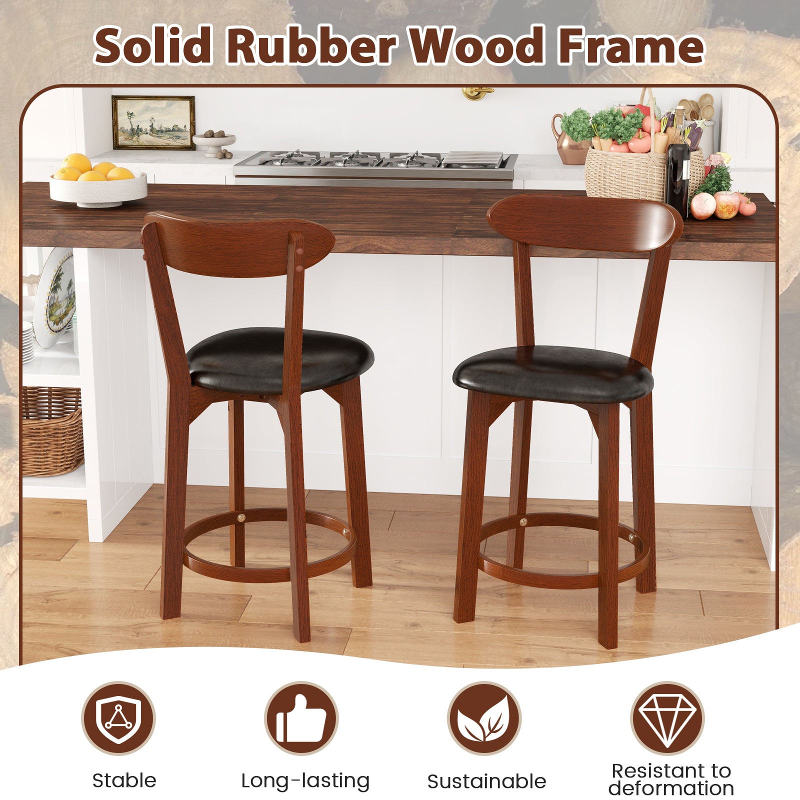 Bar Stool Set of 2 with Curved Backrest and Footrest-24 Inches
