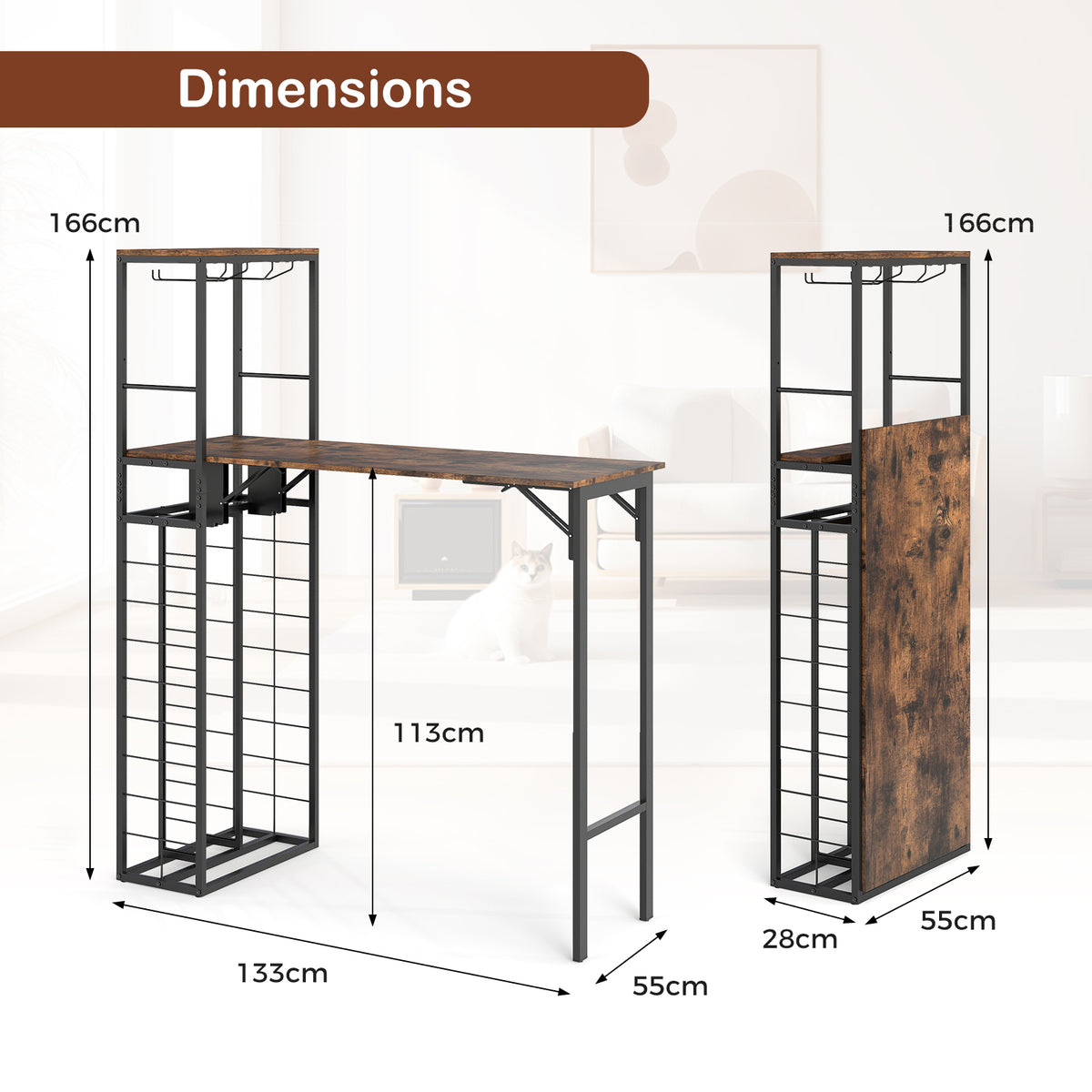 Bar Table with Foldable Tabletop for Dining Room and Living Room-Brown