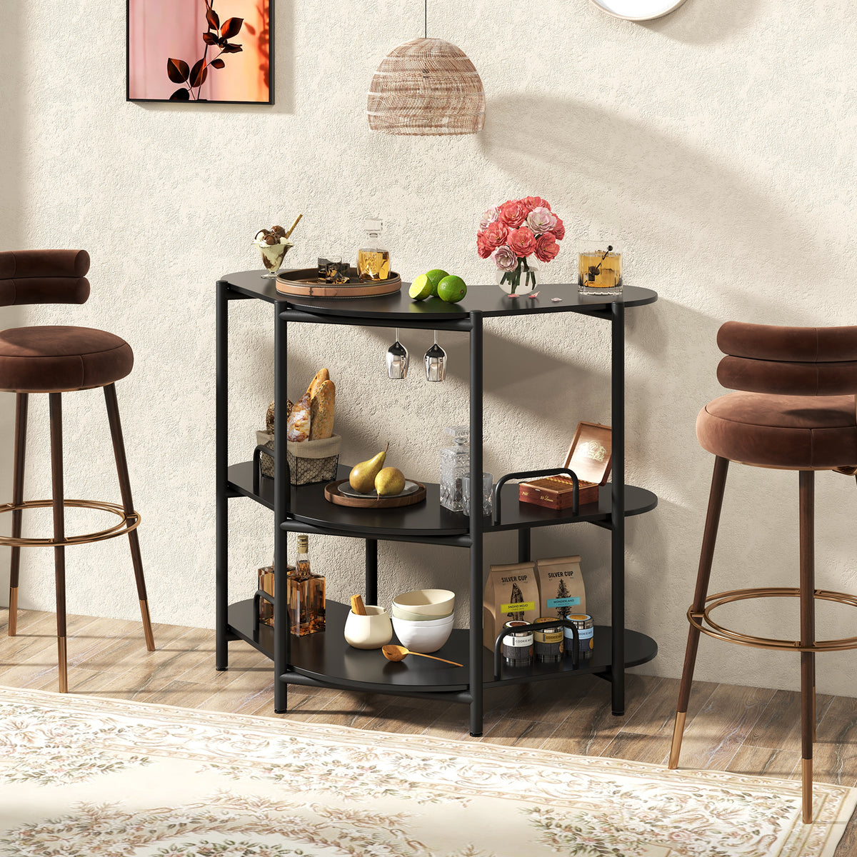 3-Tier Home Bar Unit with Stemware Racks and Storage Shelves-Black