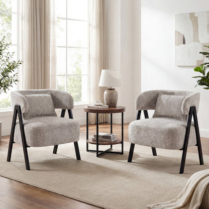 Barrel Accent Chair Upholstered Armchair with Lumbar Pillow-Grey