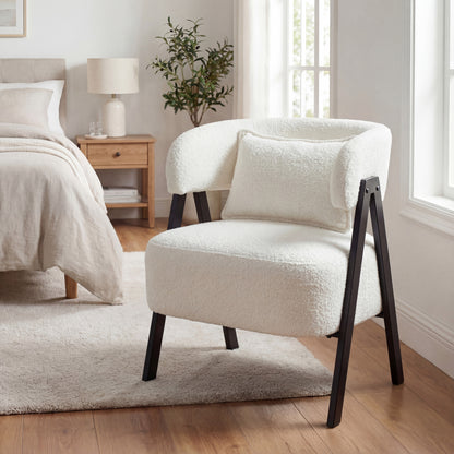 Barrel Accent Chair Upholstered Armchair with Lumbar Pillow-White