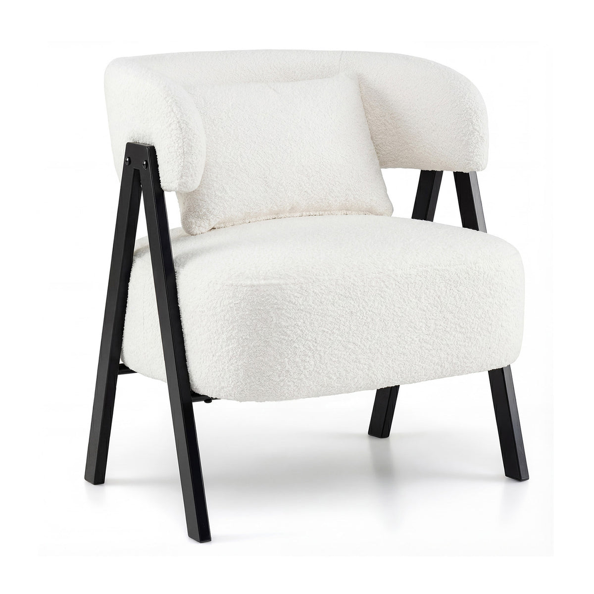 Barrel Accent Chair Upholstered Armchair with Lumbar Pillow-White