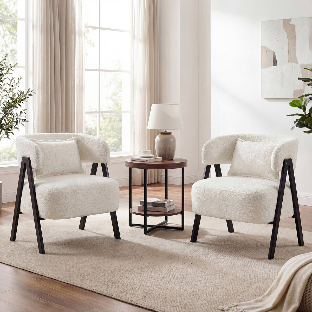 Barrel Accent Chair Upholstered Armchair with Lumbar Pillow-White