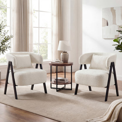 Barrel Accent Chair Upholstered Armchair with Lumbar Pillow-White
