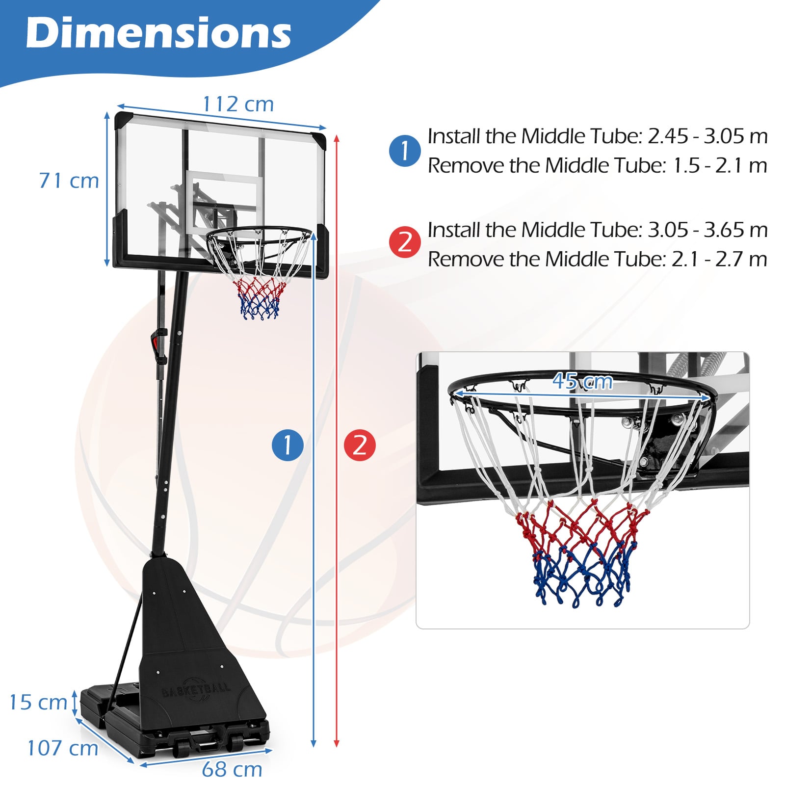 Basketball Hoop System with 44 Inch Shatterproof Backboard and Basketball Rebounder