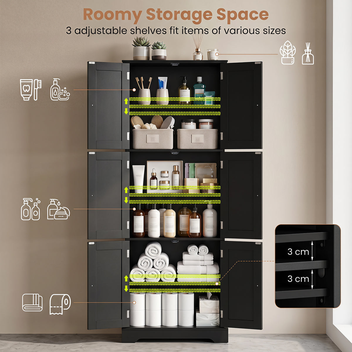 Bathroom Cabinet Set with 6-Door Tall Cabinet and 4-Drawer Cabinet-Black