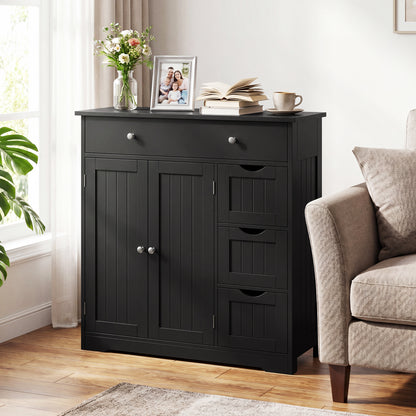 Bathroom Floor Cabinet and Large Storage Cabinet with 4 Drawers 2 Doors and Adjustable Shelf for Living Room-Black