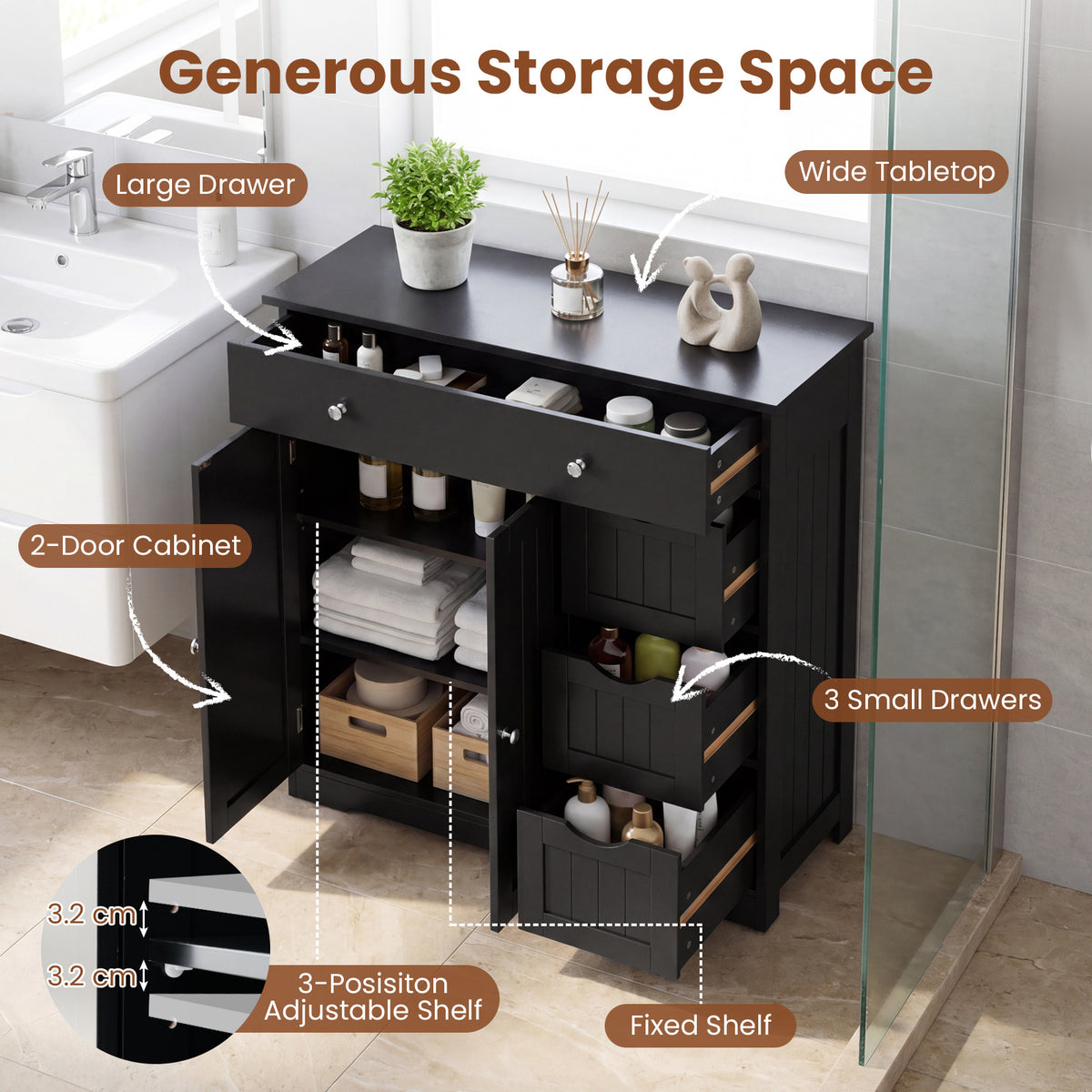 Bathroom Floor Cabinet and Large Storage Cabinet with 4 Drawers 2 Doors and Adjustable Shelf for Living Room-Black