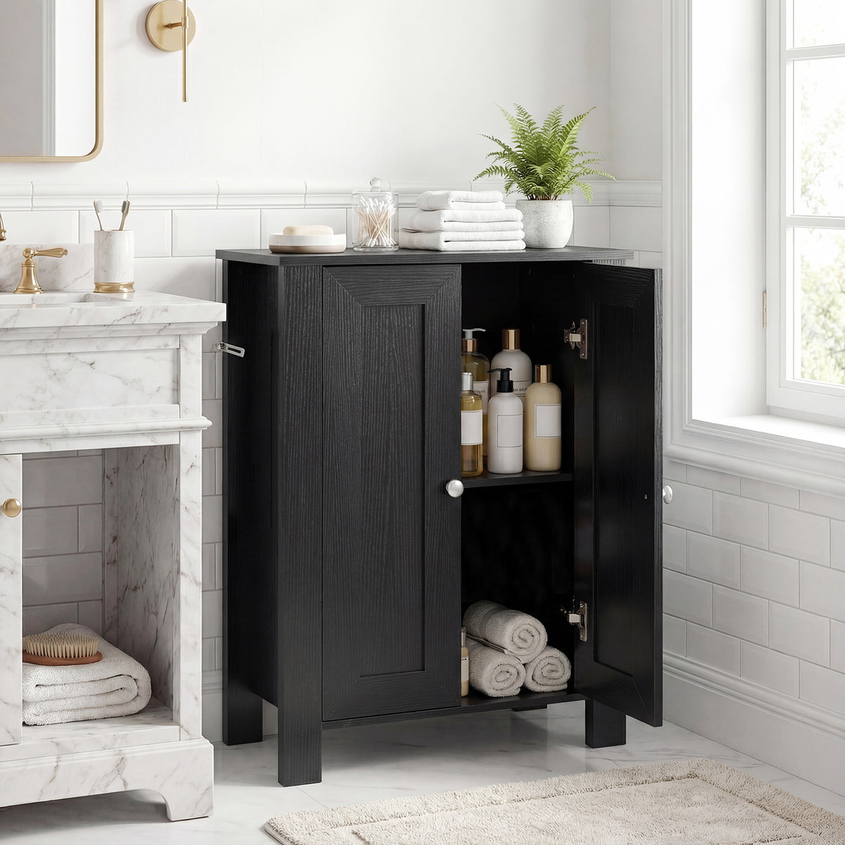 Bathroom Floor Cabinet with Double Doors Freestanding Wooden Storage-Black