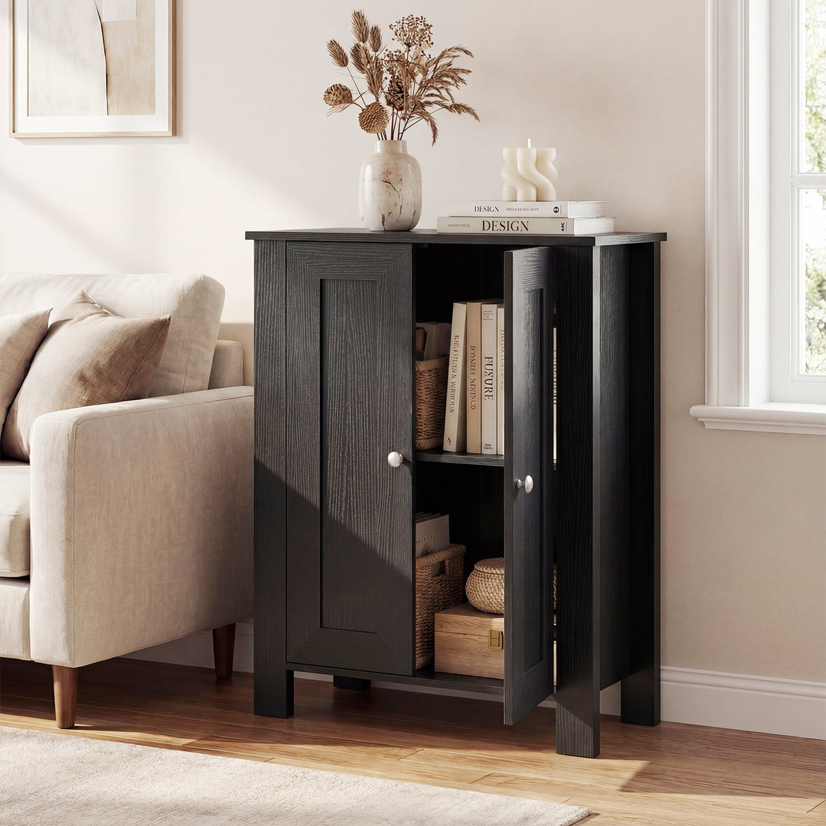Bathroom Floor Cabinet with Double Doors Freestanding Wooden Storage-Black