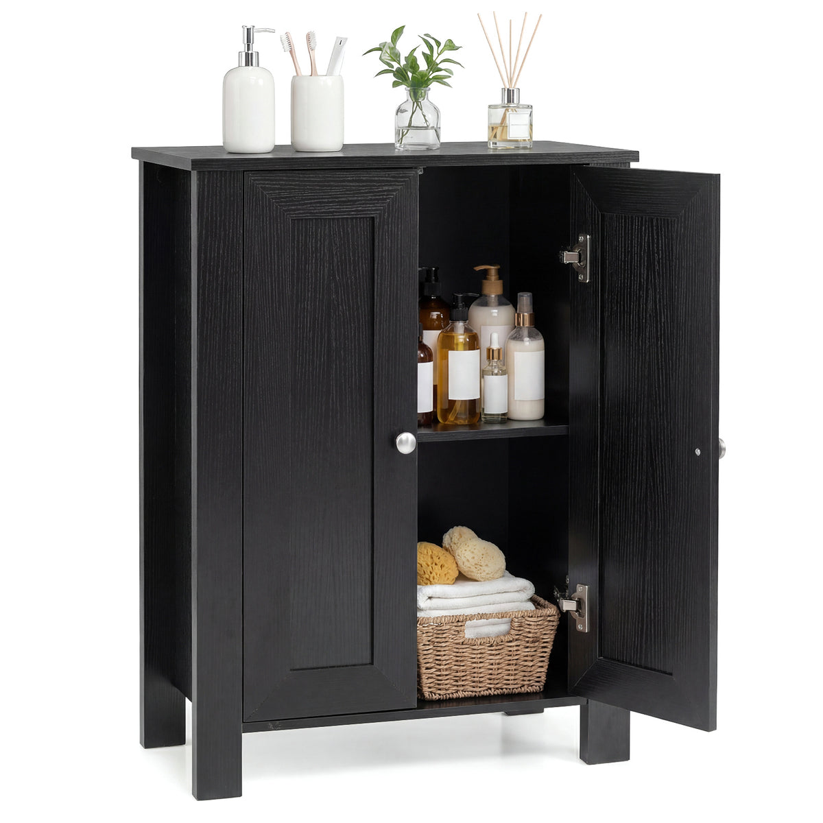 Bathroom Floor Cabinet with Double Doors Freestanding Wooden Storage-Black