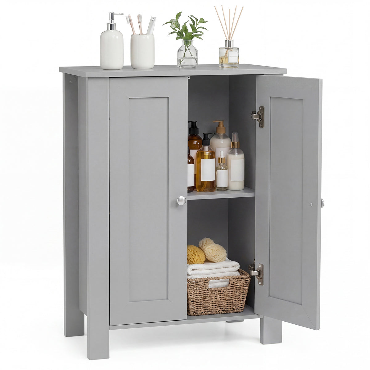 Bathroom Floor Cabinet with Double Doors Freestanding Wooden Storage-Grey