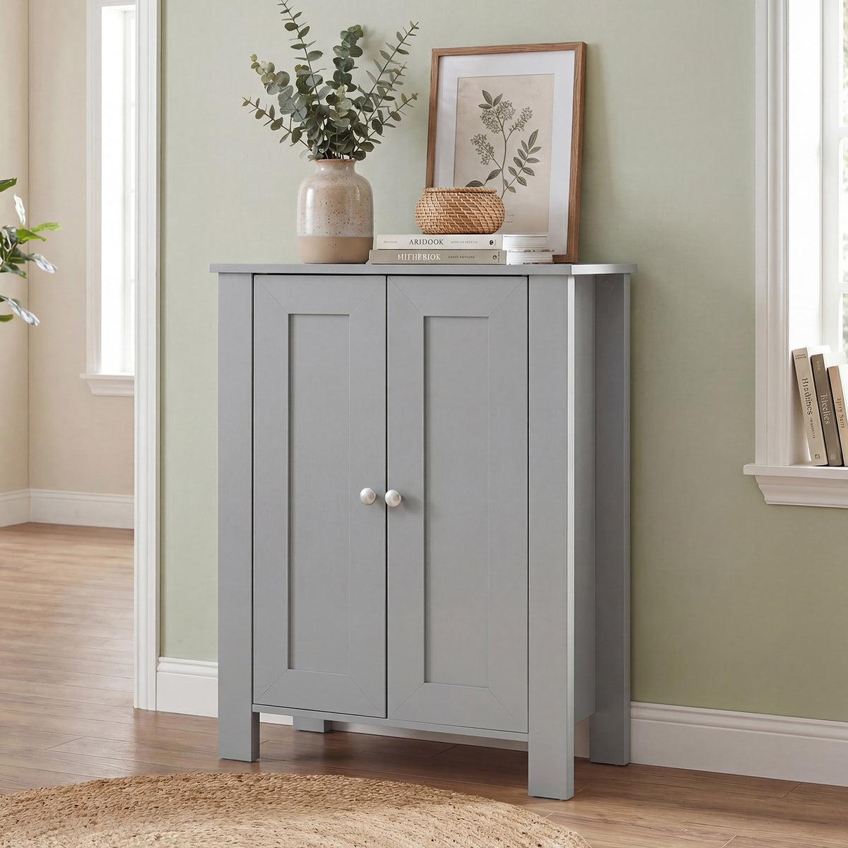 Bathroom Floor Cabinet with Double Doors Freestanding Wooden Storage-Grey