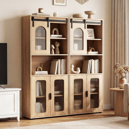 Bathroom Floor Cabinet with Shelves and Sliding Barn Door-Natural