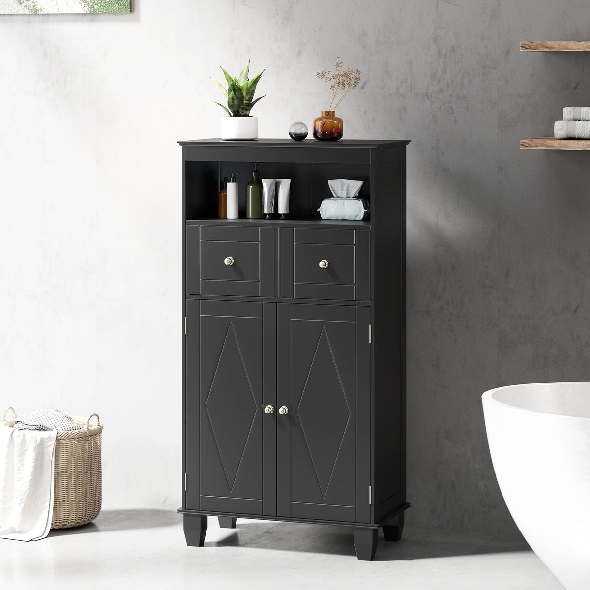 Bathroom Floor Storage Cabinet with Doors and Shelves-Black