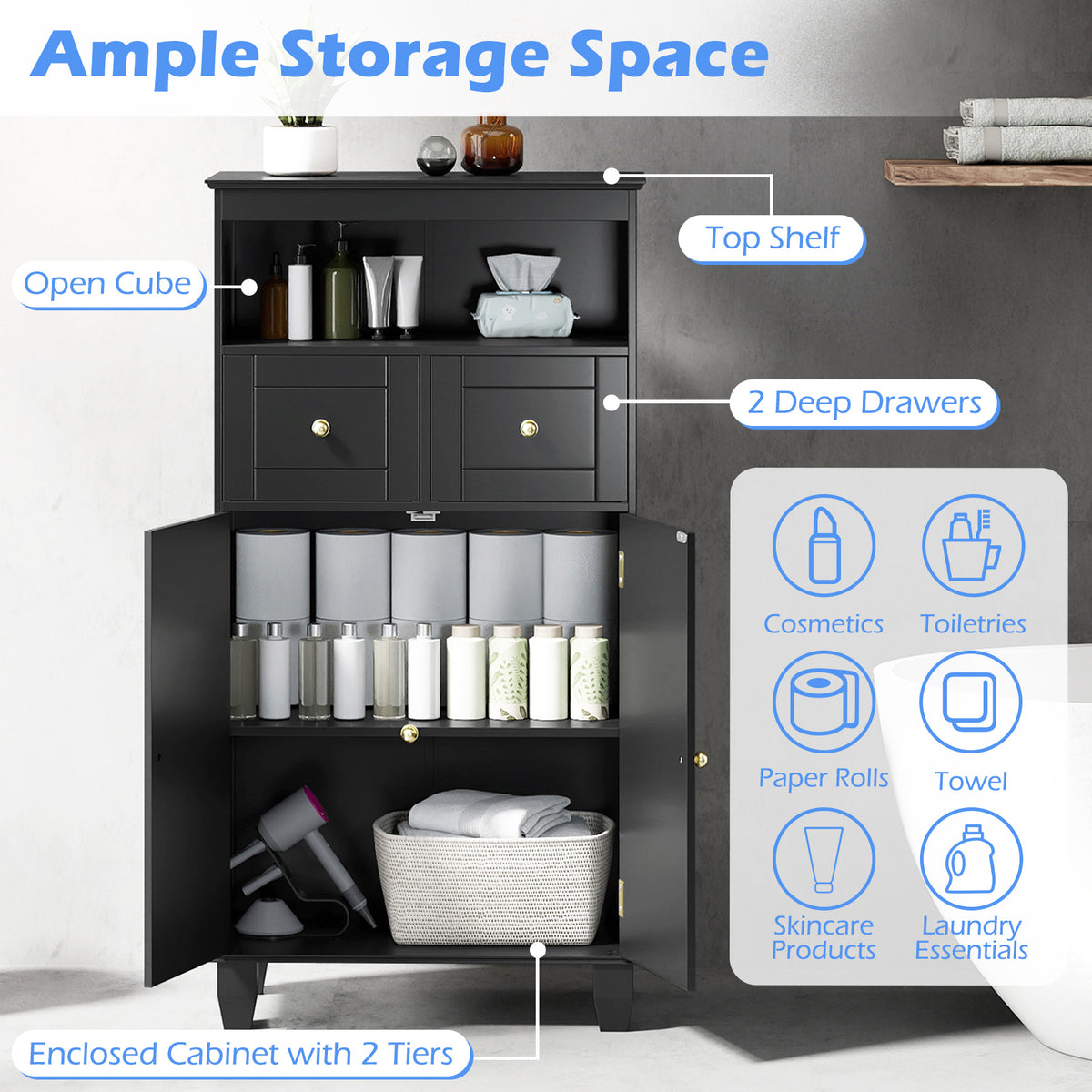 Bathroom Floor Storage Cabinet with Doors and Shelves-Black