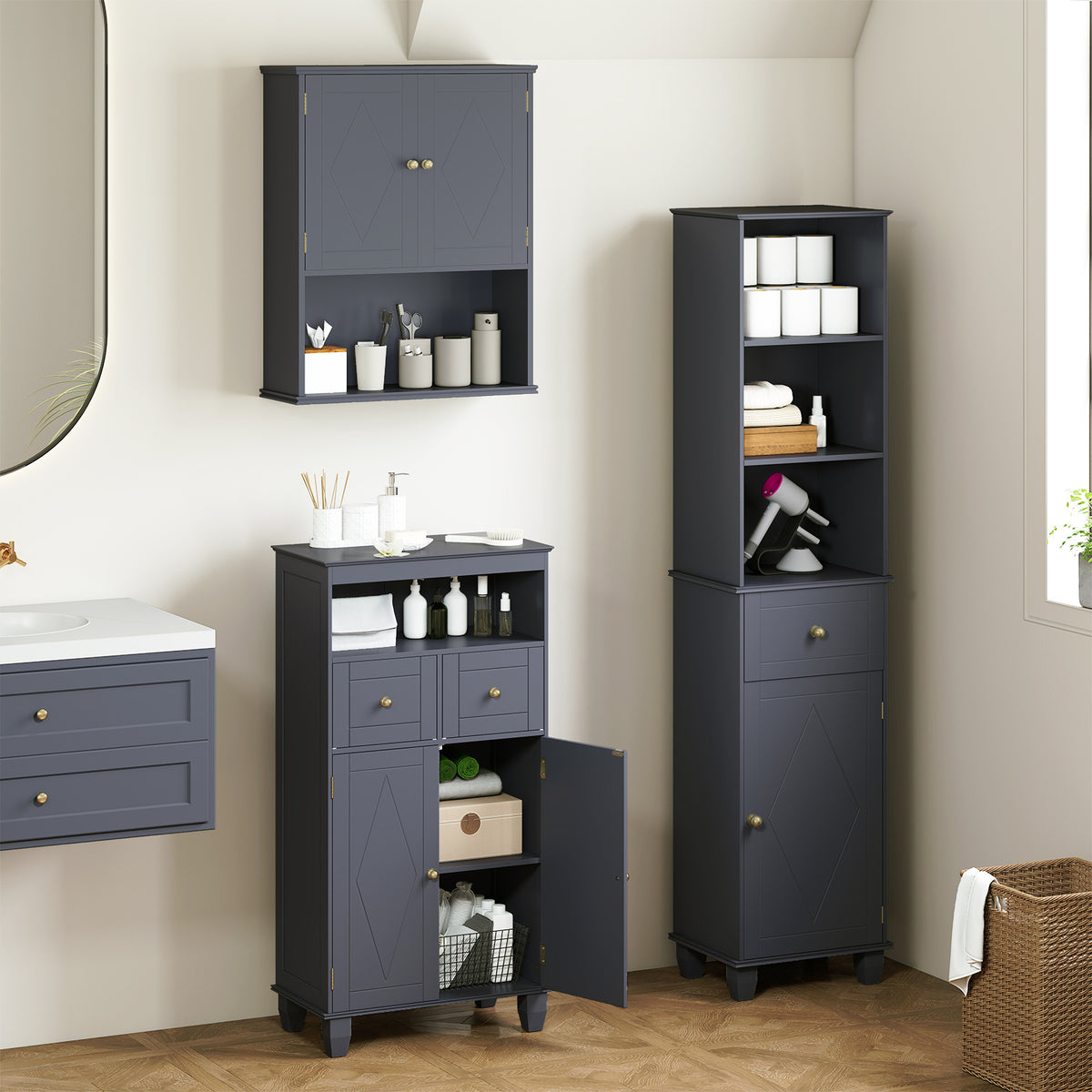 Bathroom Floor Storage Cabinet with Doors and Shelves-Gray