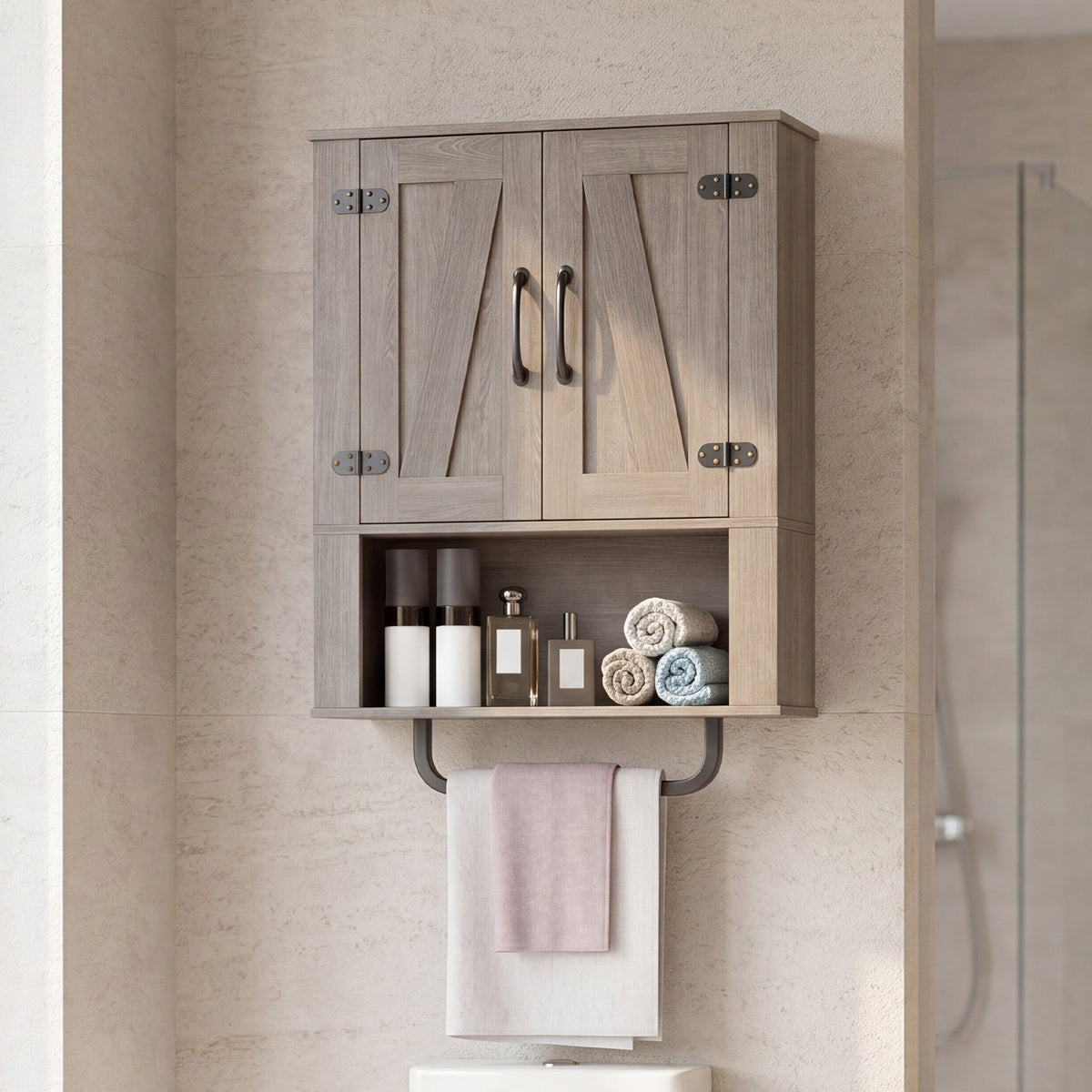 Bathroom Wall Cabinet Farmhouse Wall Mounted Organizer with 2 Barn Doors-Grey