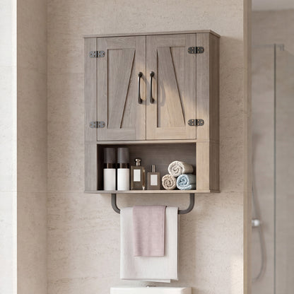 Bathroom Wall Cabinet Farmhouse Wall Mounted Organizer with 2 Barn Doors-Grey