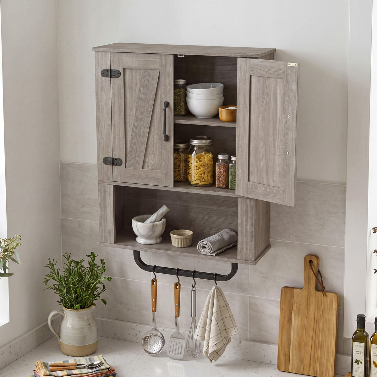 Bathroom Wall Cabinet Farmhouse Wall Mounted Organizer with 2 Barn Doors-Grey