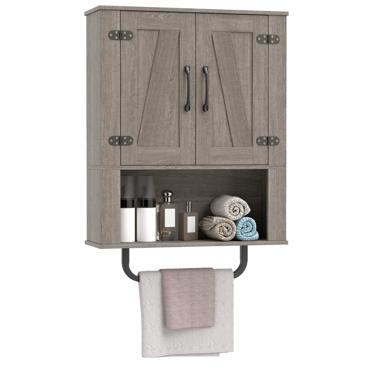 Bathroom Wall Cabinet Farmhouse Wall Mounted Organizer with 2 Barn Doors-Grey