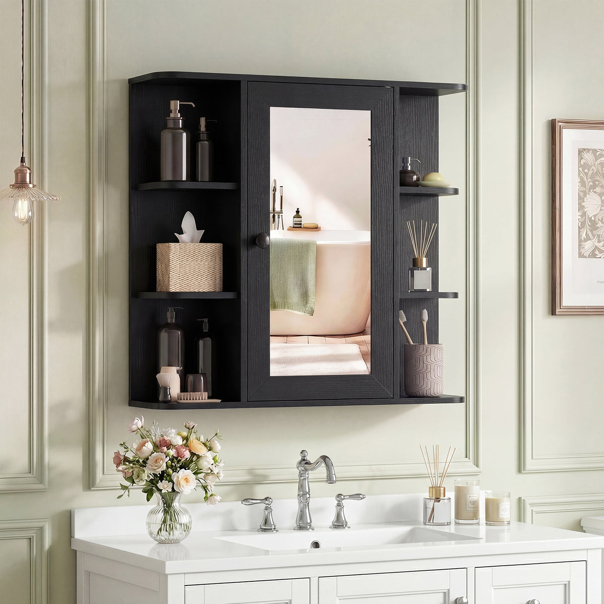 Bathroom Wall Cabinet with Mirror 3 Internal Shelves-Black