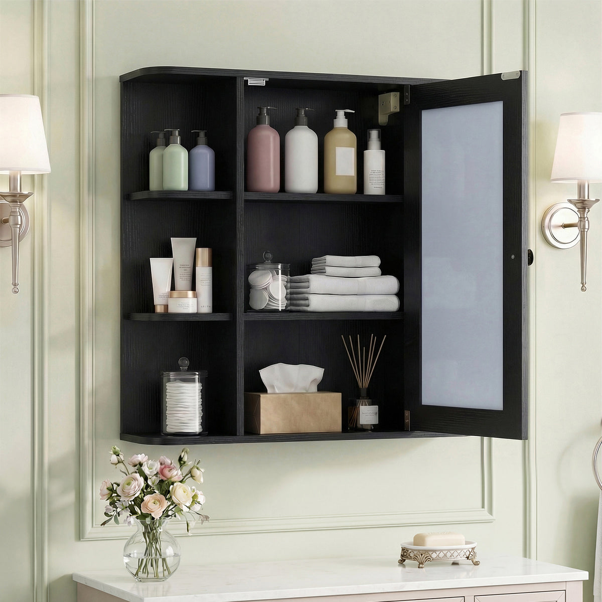 Bathroom Wall Cabinet with Mirror 3 Internal Shelves-Black