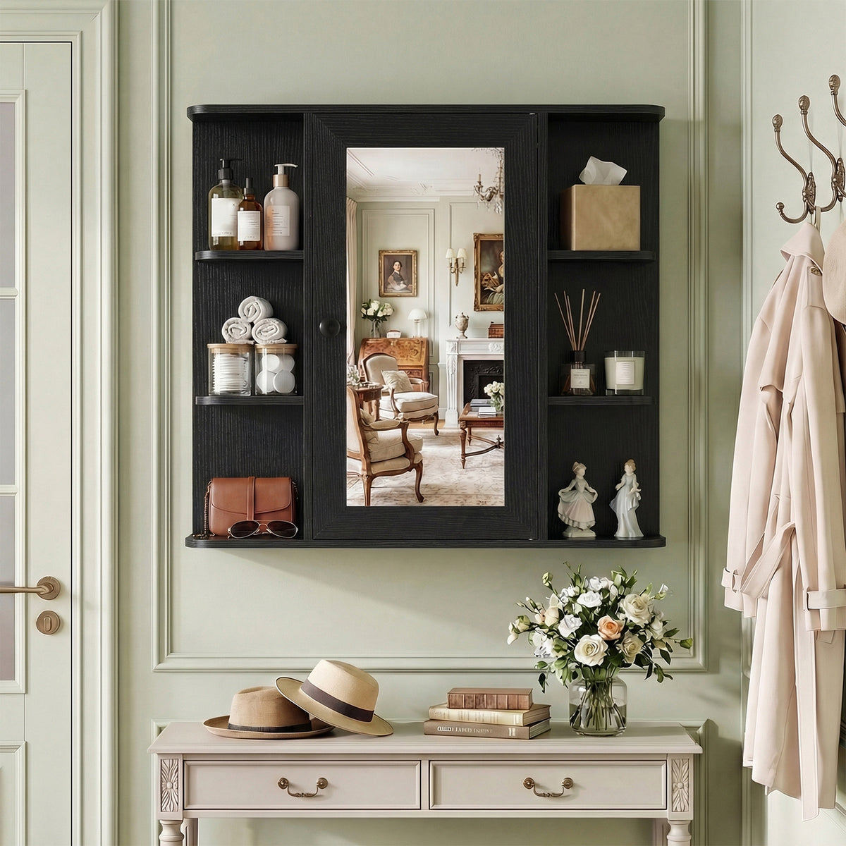 Bathroom Wall Cabinet with Mirror 3 Internal Shelves-Black