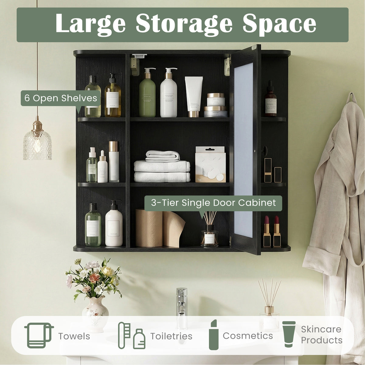 Bathroom Wall Cabinet with Mirror 3 Internal Shelves-Black