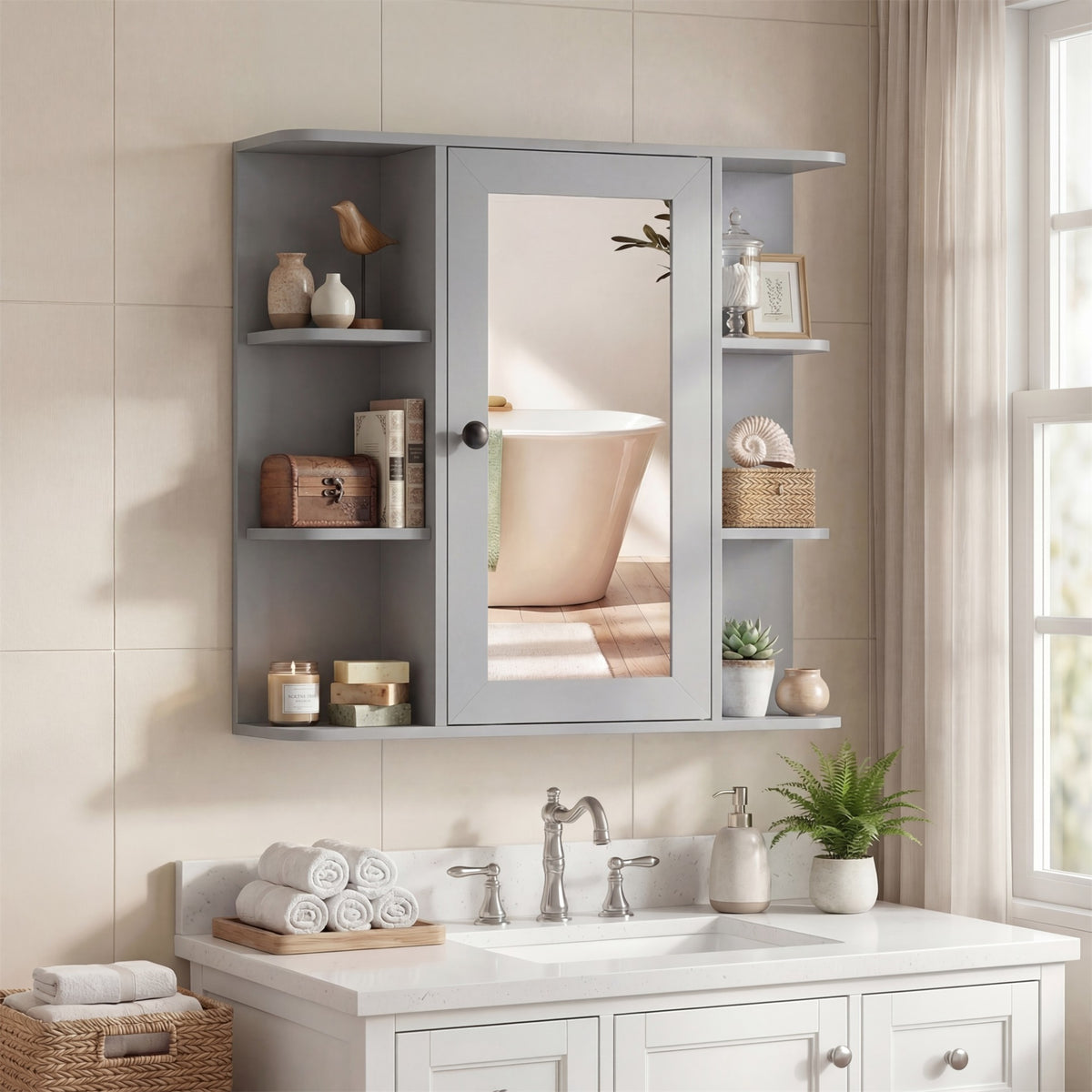 Bathroom Wall Cabinet with Mirror 3 Internal Shelves-Grey
