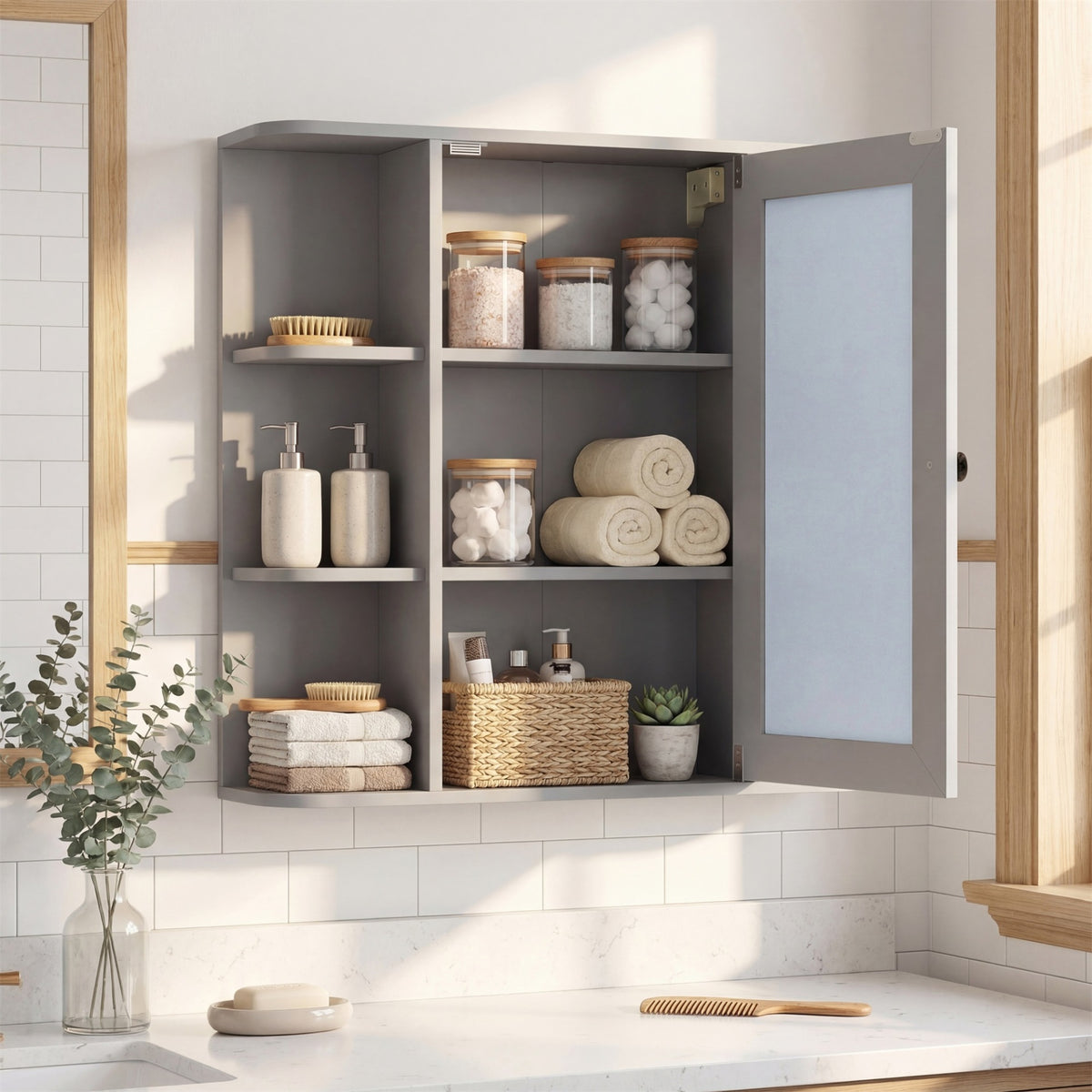 Bathroom Wall Cabinet with Mirror 3 Internal Shelves-Grey