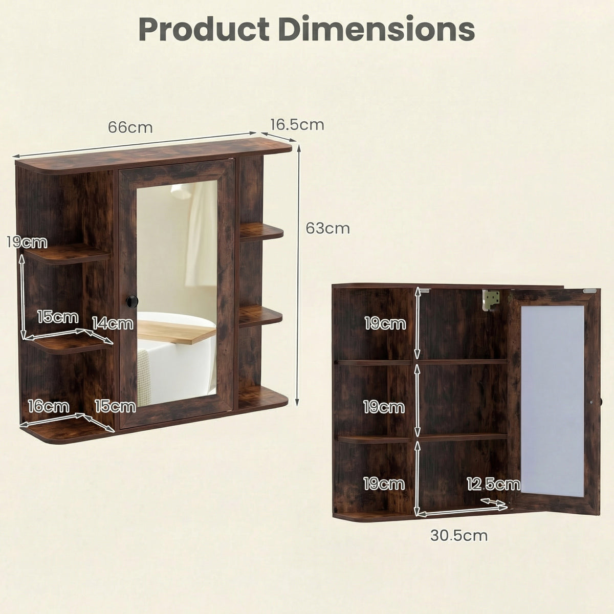 Bathroom Wall Cabinet with Mirror 3 Internal Shelves-Rustic Brown