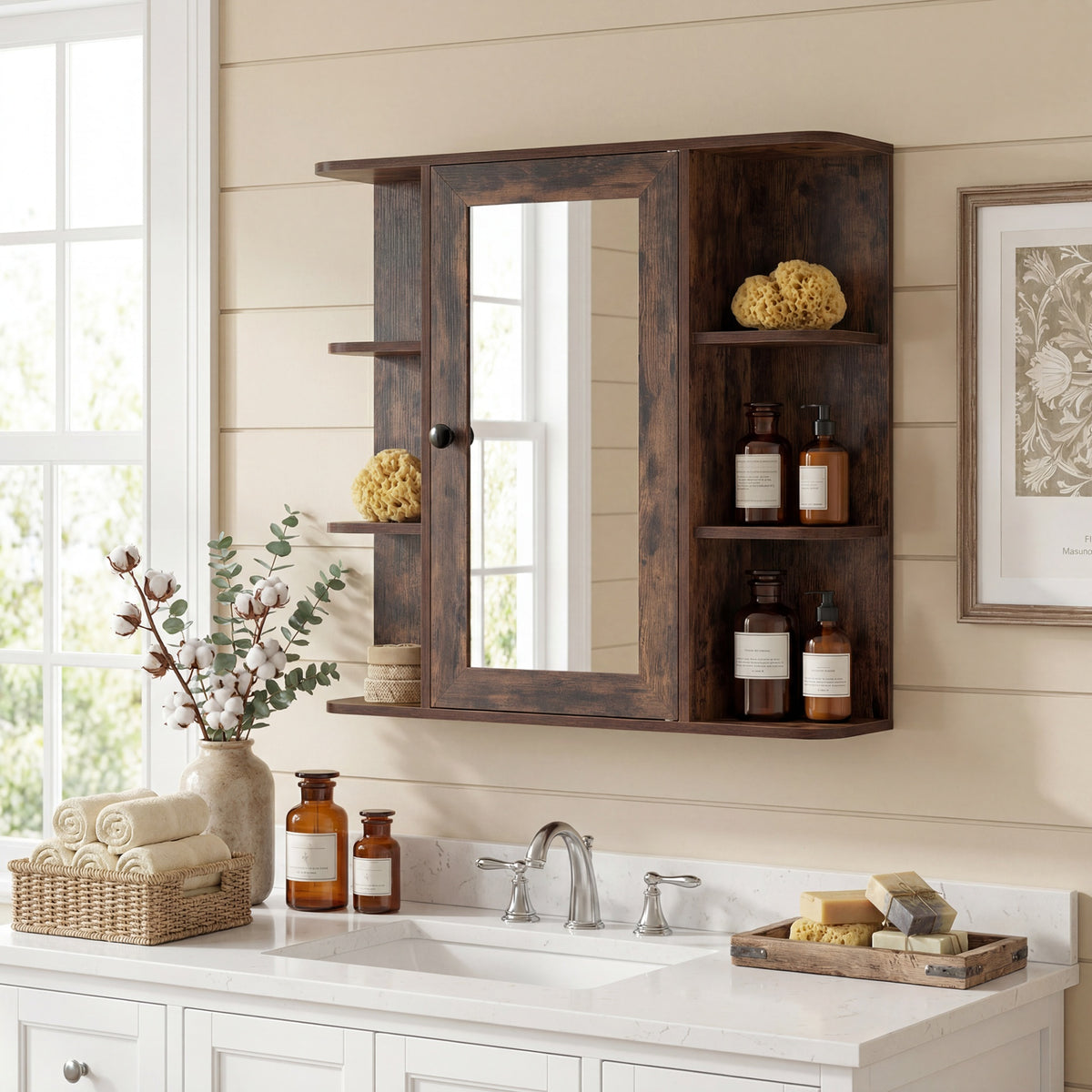 Bathroom Wall Cabinet with Mirror 3 Internal Shelves-Rustic Brown