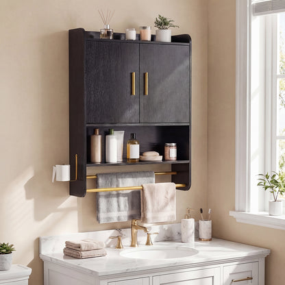 Bathroom Wall Cabinet with Open Shelves and Adjustable Shelf-Black
