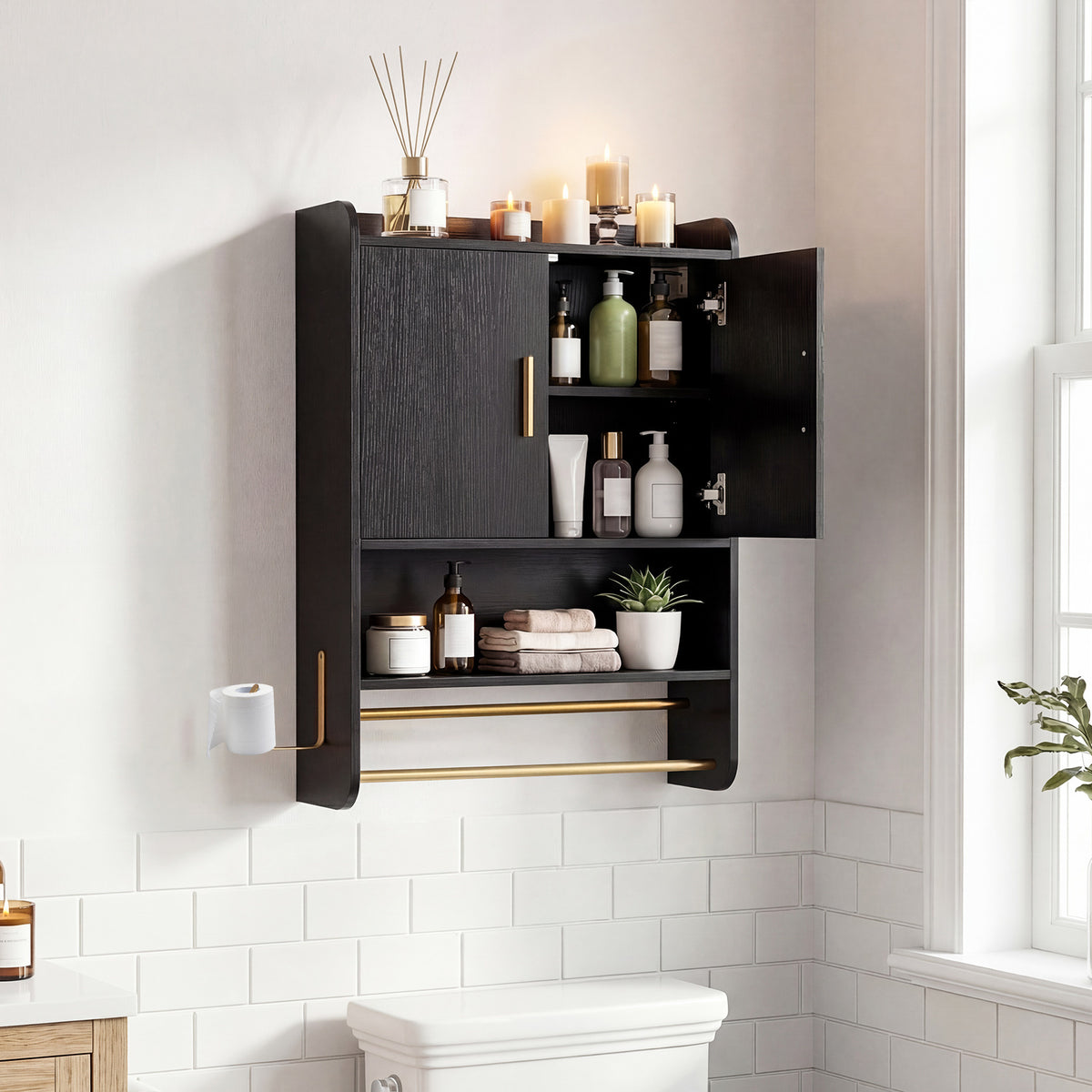 Bathroom Wall Cabinet with Open Shelves and Adjustable Shelf-Black