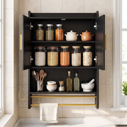 Bathroom Wall Cabinet with Open Shelves and Adjustable Shelf-Black