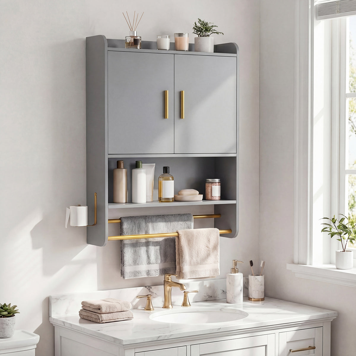 Bathroom Wall Cabinet with Open Shelves and Adjustable Shelf-Grey