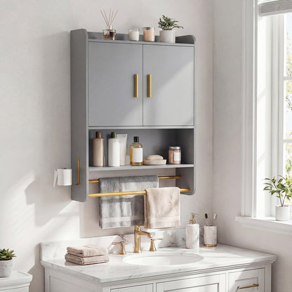 Bathroom Wall Cabinet with Open Shelves and Adjustable Shelf-Grey