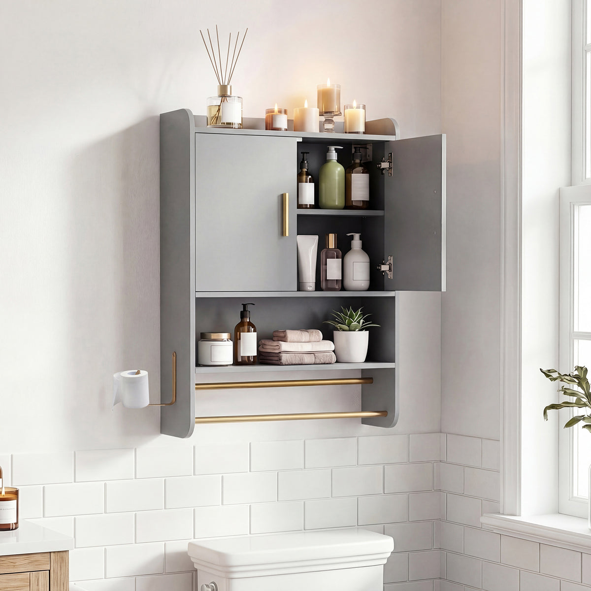Bathroom Wall Cabinet with Open Shelves and Adjustable Shelf-Grey