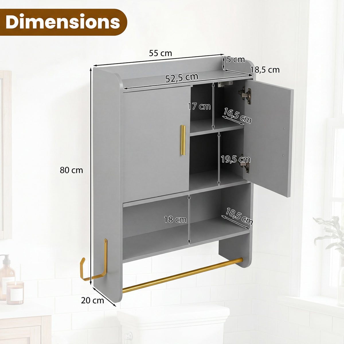Bathroom Wall Cabinet with Open Shelves and Adjustable Shelf-Grey