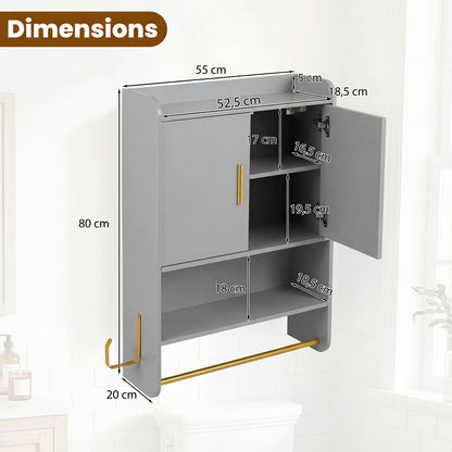 Bathroom Wall Cabinet with Open Shelves and Adjustable Shelf-Grey