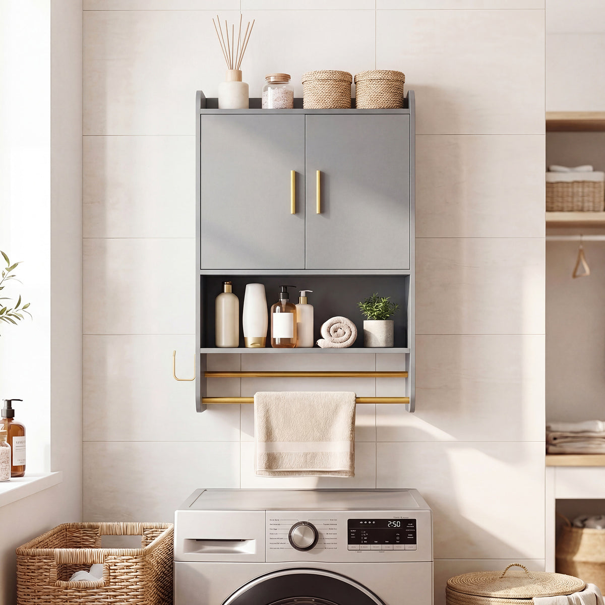 Bathroom Wall Cabinet with Open Shelves and Adjustable Shelf-Grey