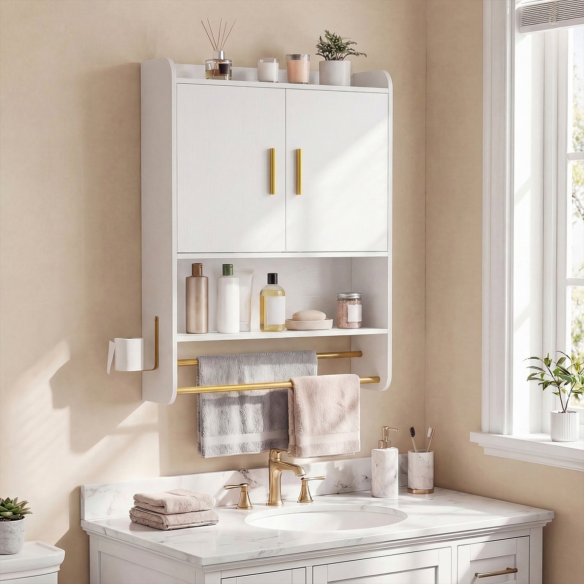 Bathroom Wall Cabinet with Open Shelves and Adjustable Shelf-White