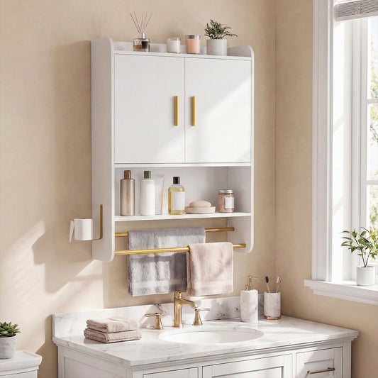 Bathroom Wall Cabinet with Open Shelves and Adjustable Shelf-White