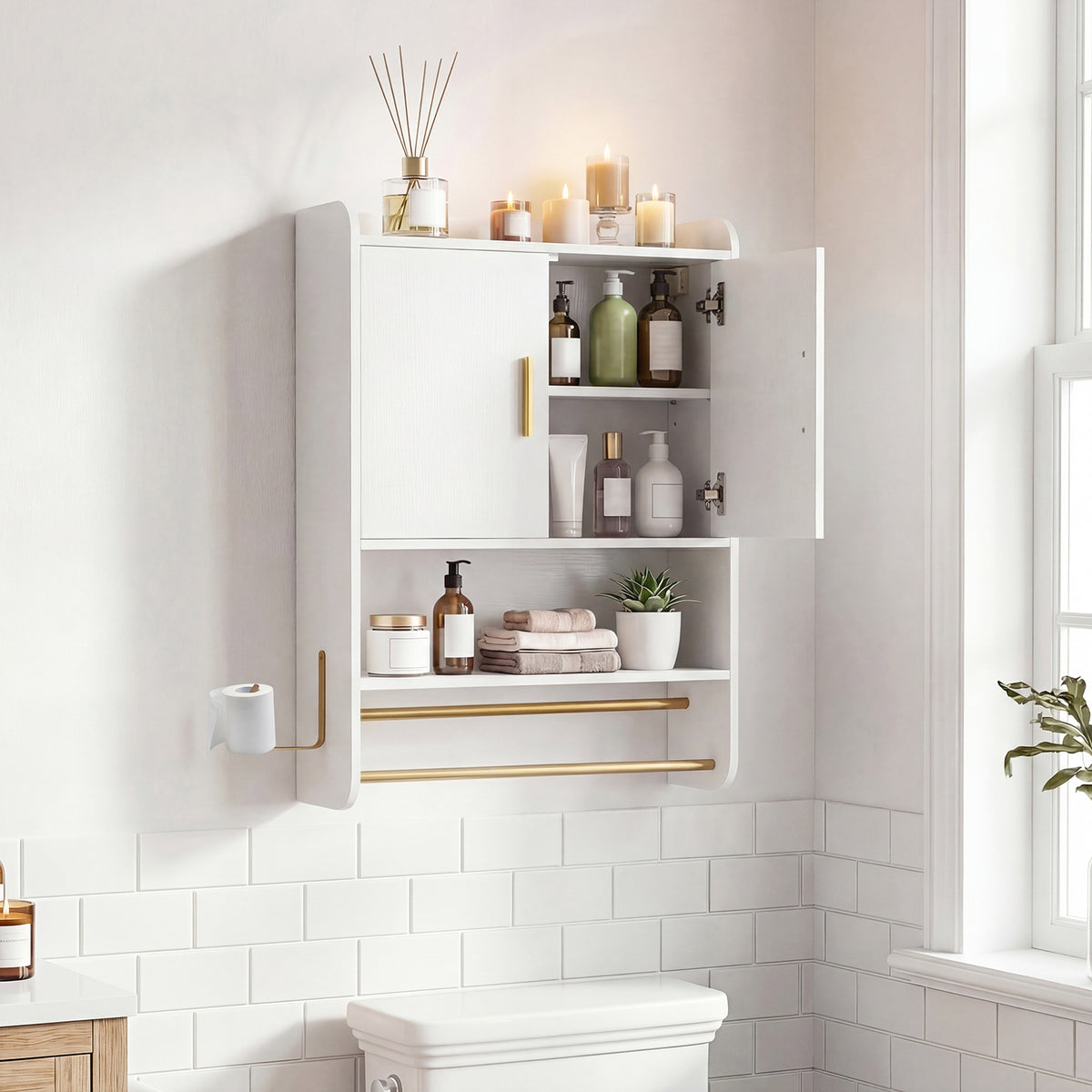 Bathroom Wall Cabinet with Open Shelves and Adjustable Shelf-White