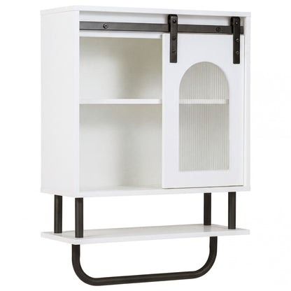 Bathroom Wall Cabinet with Sliding Barn Door and Metal Hanging Bar-White