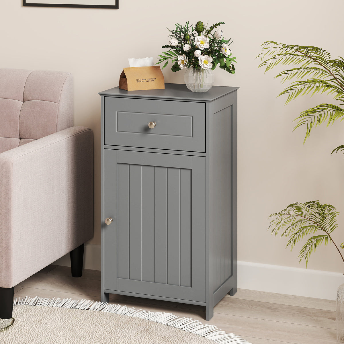 Bathroom Cabinet Floor Organizer with Single Door and Drawer-Grey