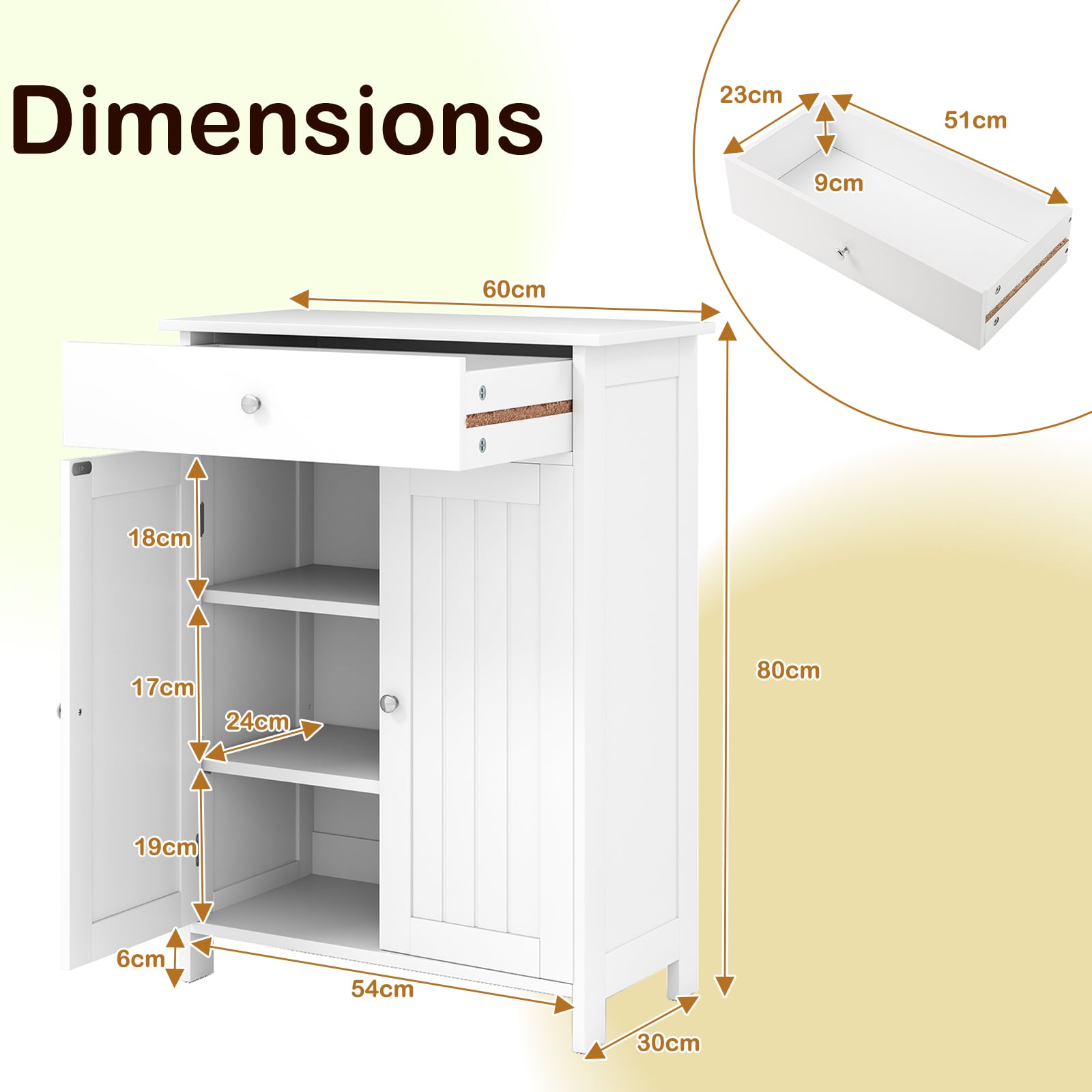 Bathroom Floor Cabinet 2-Door with Drawer and Adjustable Shelf-White